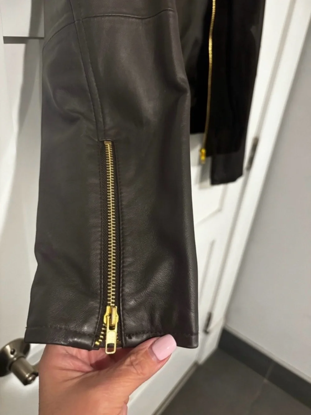 MNG Mango Mixed Media Leather & Suede Bomber Jacket Deep Chocolate Brown/Gold M